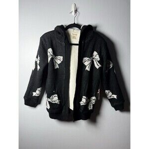 Sweet Stories Sherpa Open Front Hooded Black/White Bows Girls Sweater XL NWT